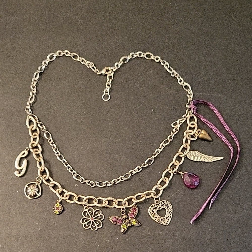 NEW Guess Burnished Gold Charm Necklace, Crystals, Beads & Ribbon Accents, 18"